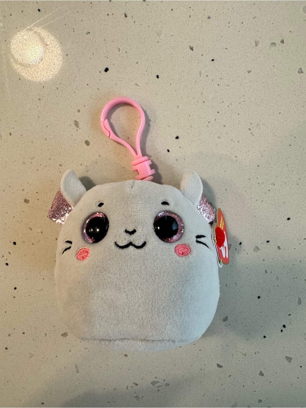 TY Gray Mouse Plush Clip-On Keychain with Pink Glitter Ears
